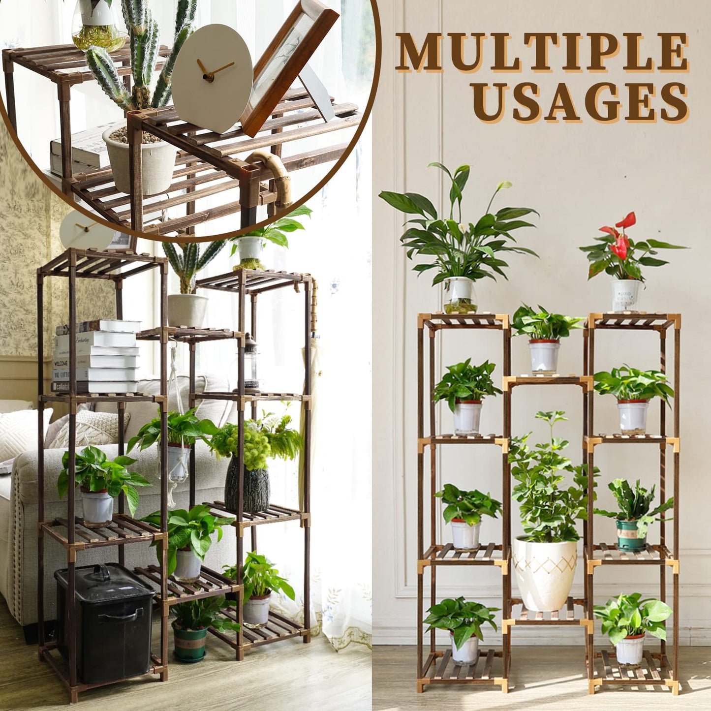 Uneedem Tall Shelf Stand Indoor Outdoor for Multiple Plants, 10 tiers 11 Pot Wood Plant Holder Rack for Room Corner Balcony Garden Patio Brown Large