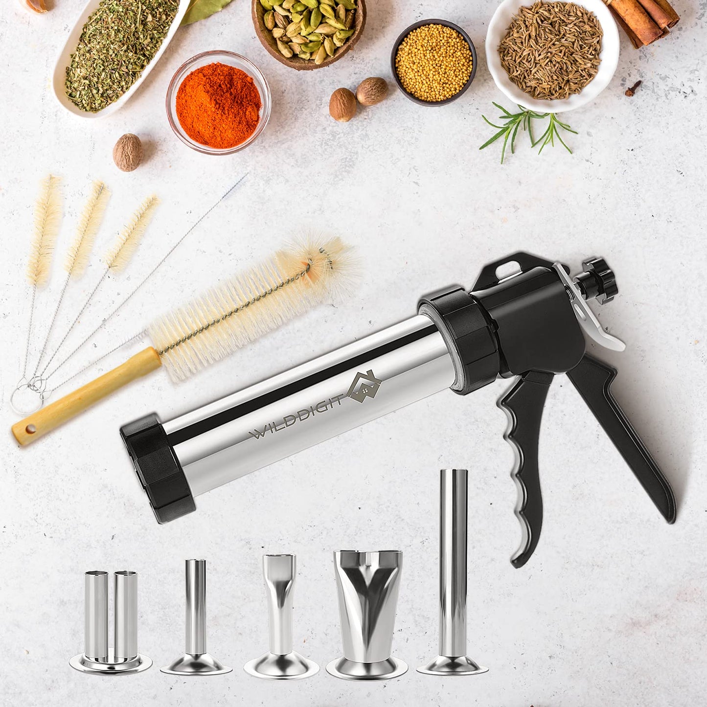 WILDDIGIT Professional Beef Jerky Gun Kits, Stainless Steel Jerky Maker, Jerky Cannon, Meat Gun with 5 Stainless Nozzles and 5 Brushes