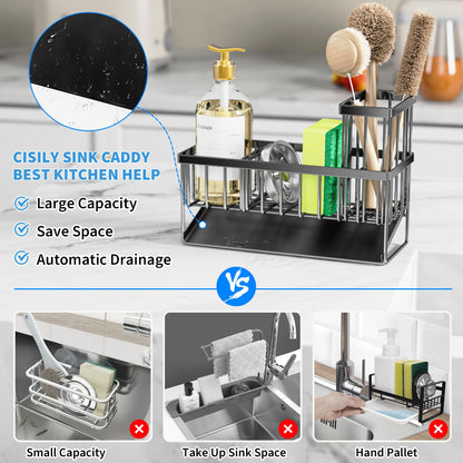 Cisily Kitchen Sink Caddy Organzier with High Brush Holder, Sponge Holder for Sink, 304 Rustproof Stainless, Kitchen Countertop Soap Dispenser Organizer, Kitchen Decor and Accessories