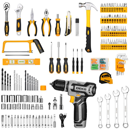 Tool Kit Box Drill Set：DEKOPRO Home Mechanic Toolbox with 12V Power Cordless Drill Hand Repair Tools Sets Combo Kits Storage Organizer Drawer Case for Men