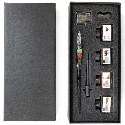 ESSSHOP Handmade Glass Dip Pen and Ink Set - 15ml Color Inks Pen Holder Cleaning Cup Ink Drip Tool Crystal Signature Ink Dipped Pen Kit for Art Writing Calligraphy Christmas Day Gifts