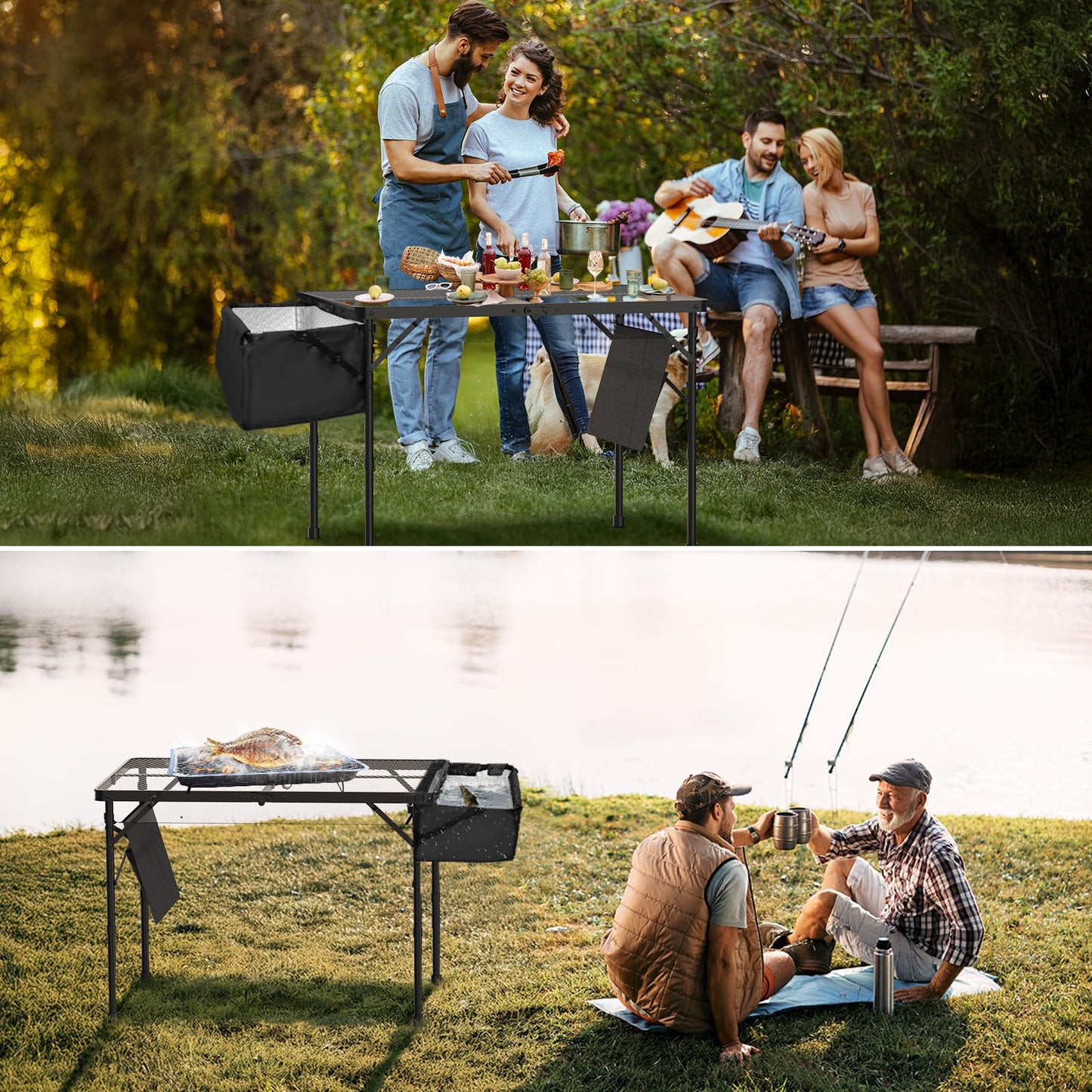 WildFinder Portable Folding Grill Table with Sink for Outdoor, Lightweight Aluminum Frame Folding Grill Stand Picnic Table Camping Cooking BBQ, RV Picnic,2 Heights Adjustable(Black)