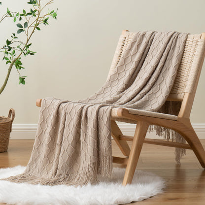 BATTILO HOME Khaki Throw Blankets for Couch, Taupe Lightweight Decorative Blankets and Throws, Boho Warm Knit Blanket for Men and Women, 50"x60"