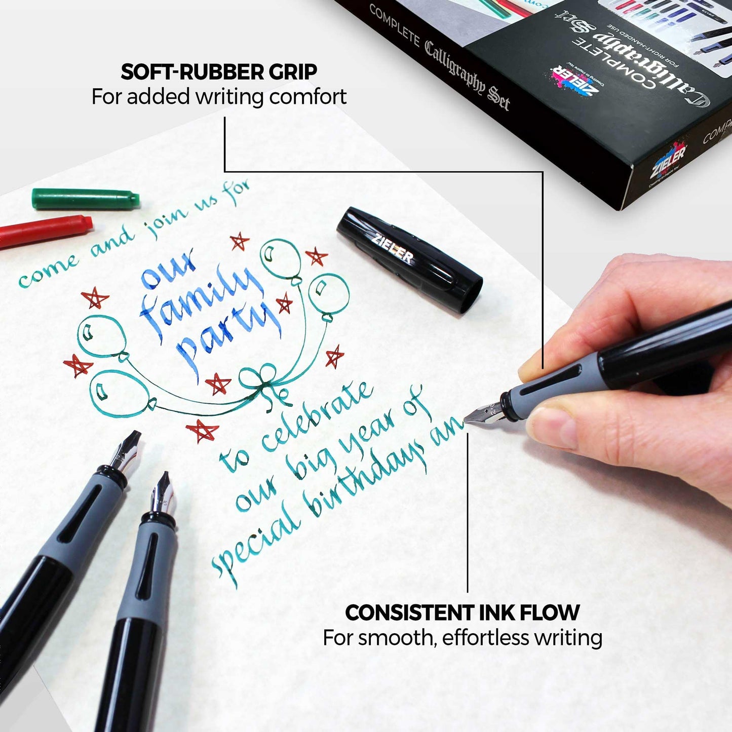 Zieler Calligraphy Pen Set - Complete 3 Pen 17-piece Calligraphy Writing Set - Free-Flowing Pens with Soft Rubber Finger Grip - Suitable for All Levels