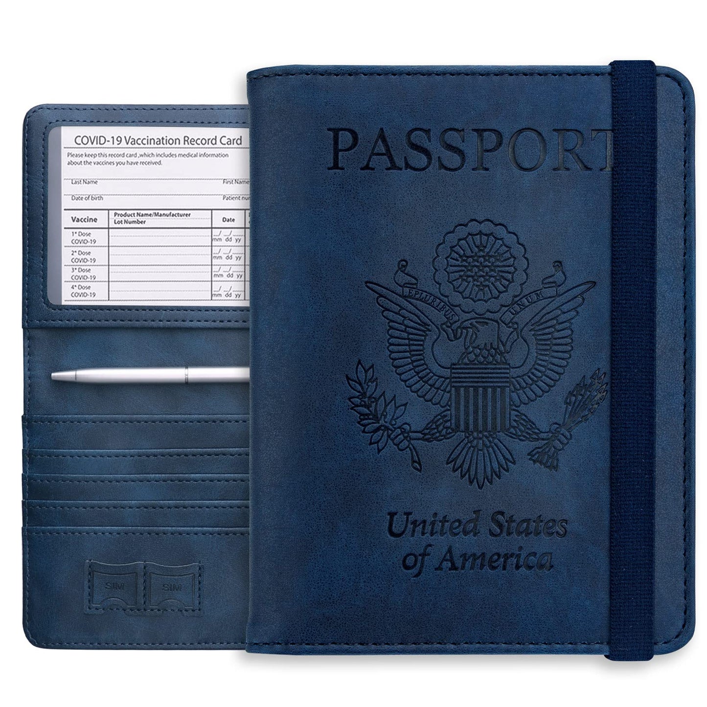 WALNEW Passport Holder Wallet, RFID Blocking Passport Cover Case PU leather Card Holder with Pen and Clear Card Slot for Women Men, Navy Blue