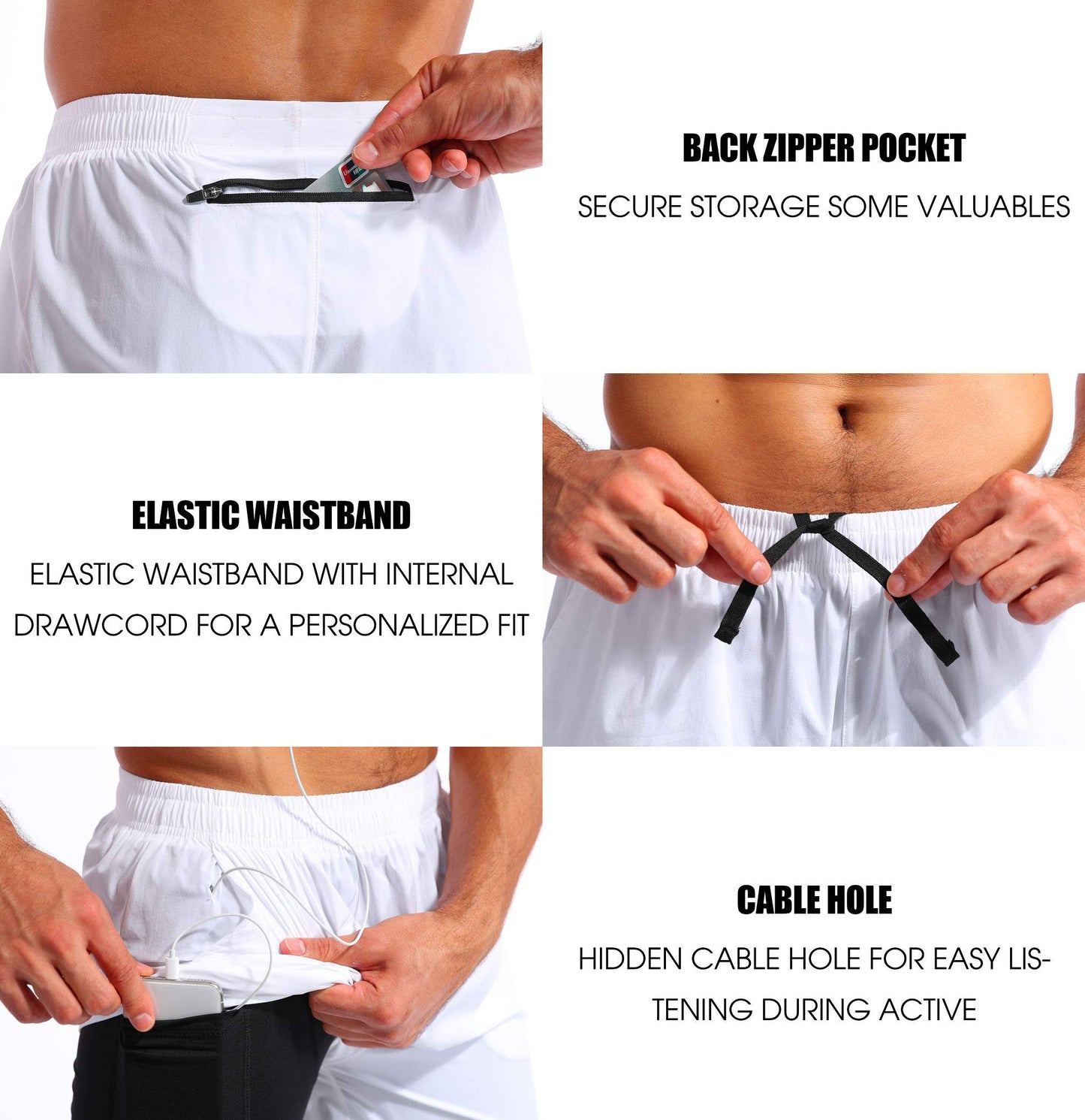 Pudolla Men’s 2 in 1 Running Shorts 5" Quick Dry Gym Athletic Workout Shorts for Men with Phone Pockets(White Medium)