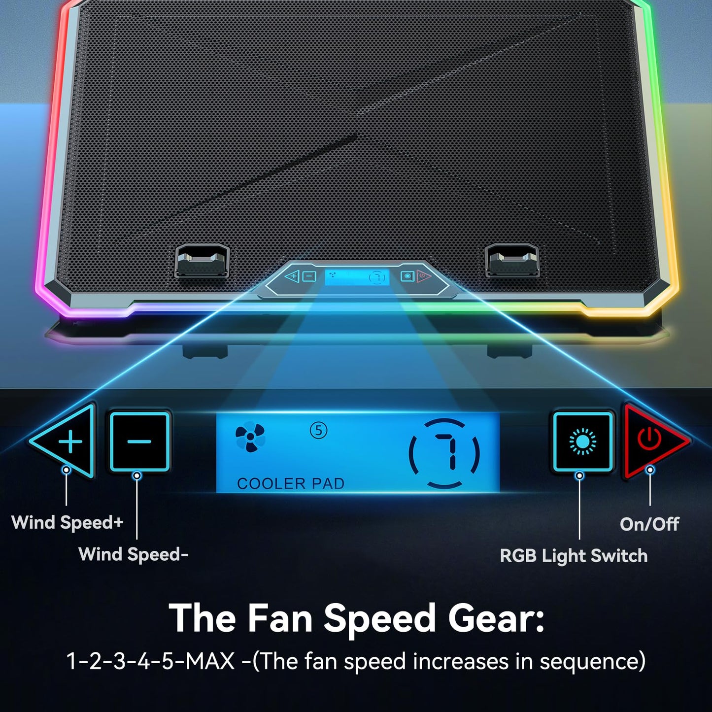 Gaming Laptop Cooler with 13 Ultra Quiet Fans, LCD Screen and Multi Color RGB - 10 Lighting Modes, 9 Adjustable Heights, Dual USB Ports, Built in Phone Holder for 15 to 21 Inch Laptops on Desk or Lap