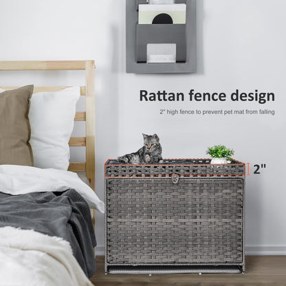 Cat Litter Box Enclosure with Soft Litter Mat; Hidden Kitten Washroom Furniture with Door; Handwoven Rattan Cat House with Large Space; Pet Crate for Living Room, Bedroom, Balcony (Grey)