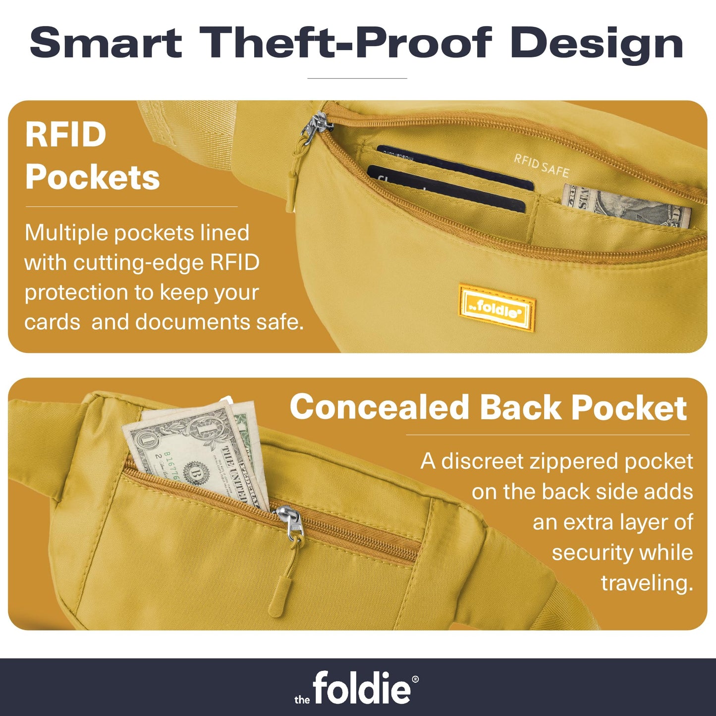 The Foldie Foldable Crossbody Bags for Women & Men - Anti-Theft RFID-Safe Fanny Pack with Smart Lockable Zippers and Cut-Resistant Strap - Lightweight Waist Pack for Travel & Everyday Use - Yellow
