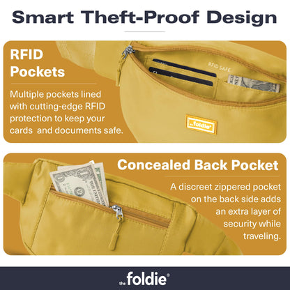 The Foldie Foldable Crossbody Bags for Women & Men - Anti-Theft RFID-Safe Fanny Pack with Smart Lockable Zippers and Cut-Resistant Strap - Lightweight Waist Pack for Travel & Everyday Use - Yellow