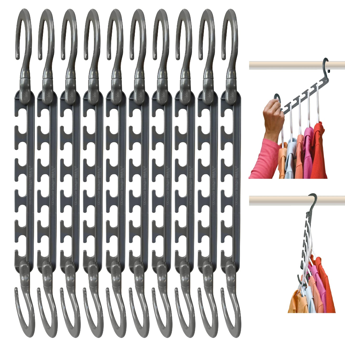 Wonder Hanger Max 10-Pack Space Saving Hangers, Reinforced Hooks Swivels 360°, Cascading Hanger, College Dorms & Storage Closet Organizer, Fully Assembled – Grey