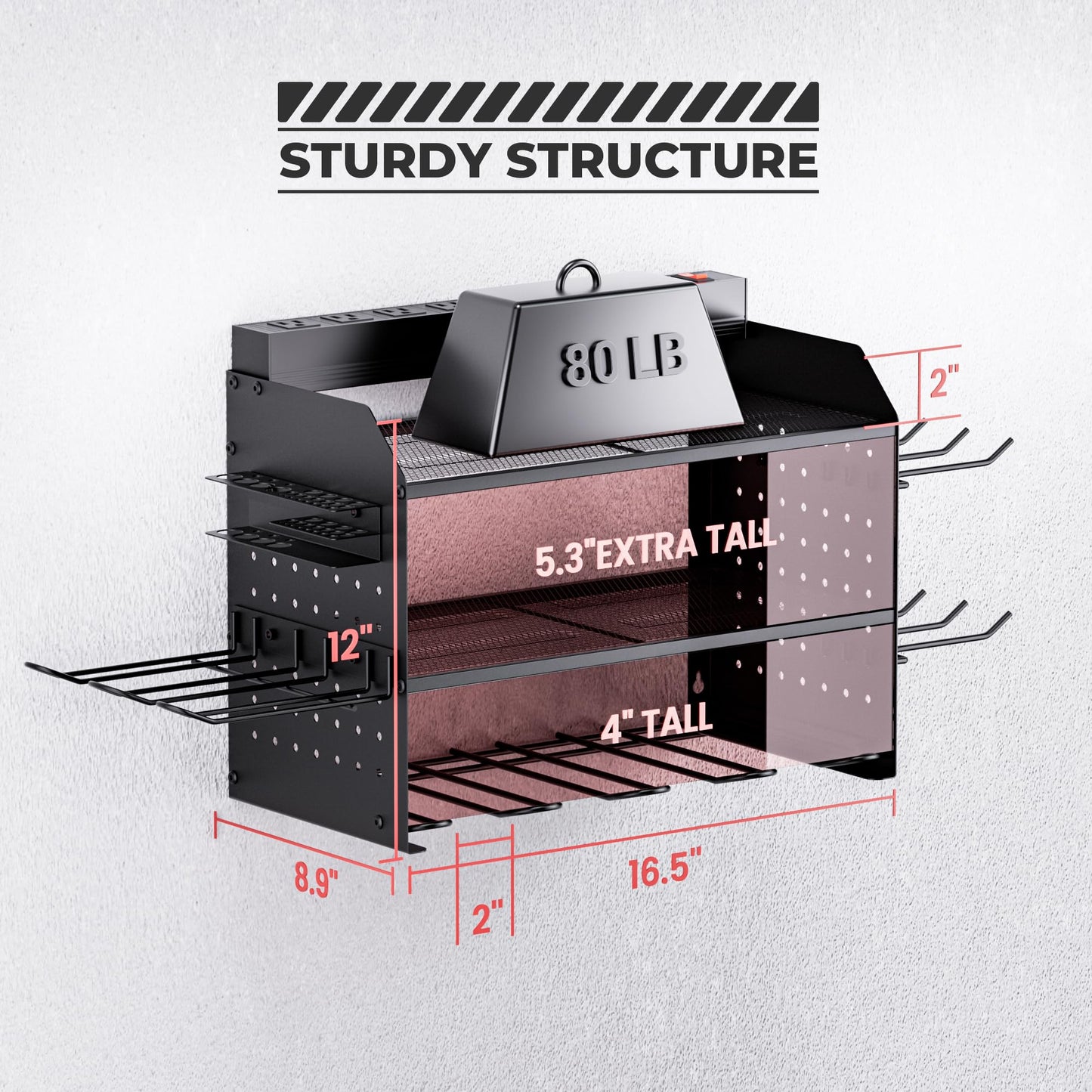 TRZZ Power Tool Organizer Wall Mount, 3-Layer Charging Station with 8 Outlets, 6 Drill Holders and Drill Bit Rack, Efficient and Organized Storage for Garage, Workbench, and Workshop (Black)