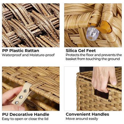 GREENSTELL Laundry Hamper with Lid, 60L Clothes Hamper with 2 Removable Liner Bags & 2 Mesh Laundry Bags, Handwoven Synthetic Rattan Laundry Basket for Clothes, Toys in Bathroom, Bedroom Natural