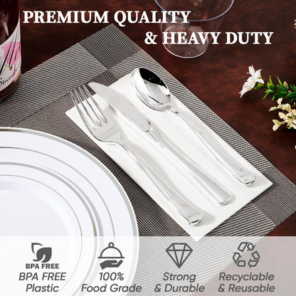 FOCUSLINE 600 Ct Silver Dinnerware Set for 100 Guests - Silver Rimmed Disposable Plastic Plates, Includes 100 Dinner & Salad Plates, Cups, Cutlery Set for Wedding Parties