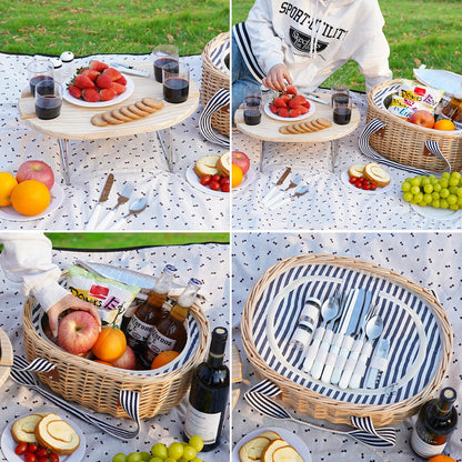 STBoo Picnic Basket for 4, Insulated Wicker Hamper with Folding Table, Willow Picnic Baskets Set with Large Insulated Cooler Bag for Camping Outdoor (Stripe)