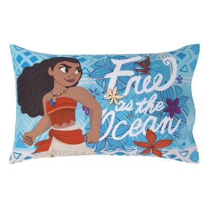 Disney Moana Free as The Ocean Aqua, Purple, Orange and White Tropical 4 Piece Toddler Bed Set - Comforter, Fitted Bottom Sheet, Flat Top Sheet, and Reversible Pillowcase