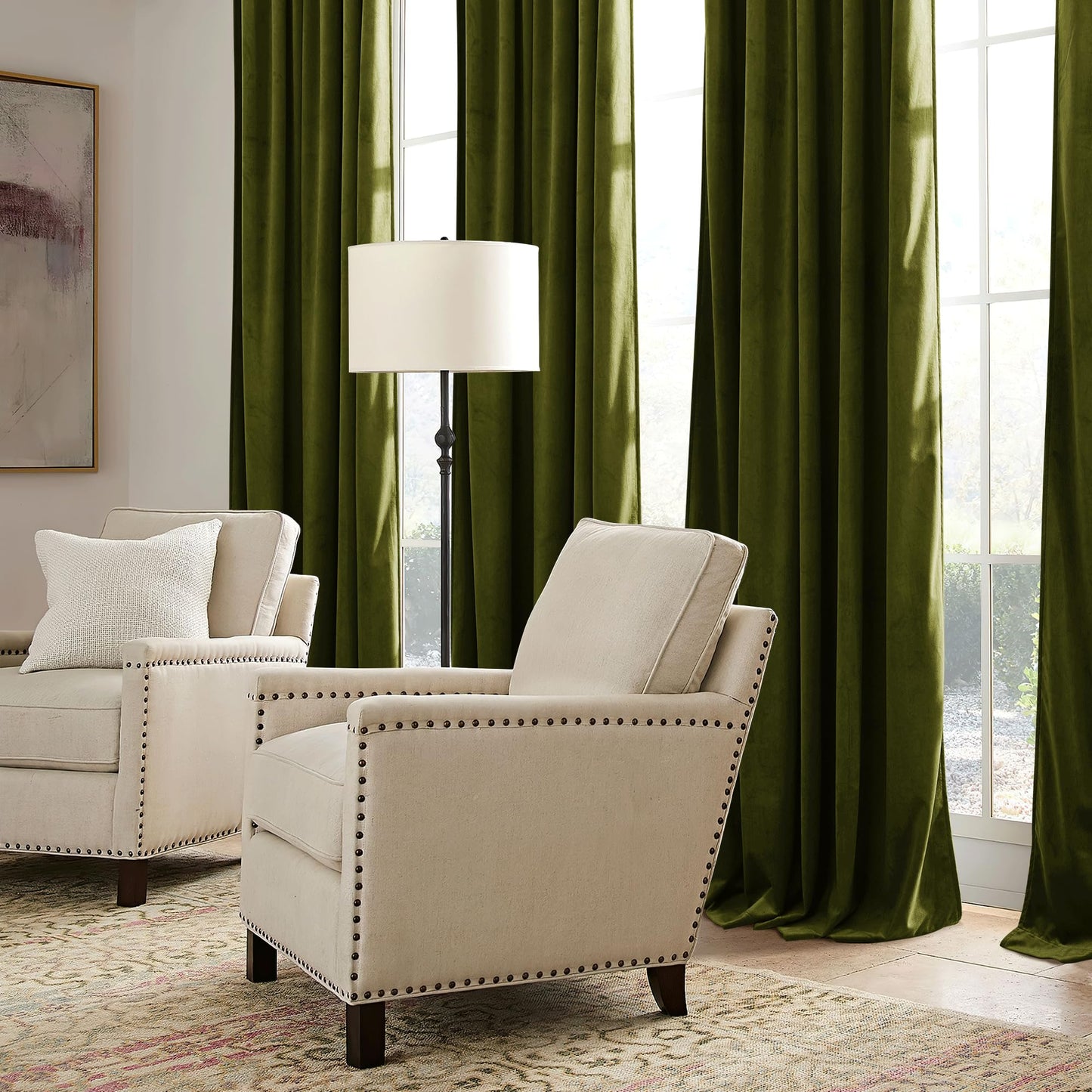 RYB HOME Moss Green Velvet Curtains 90 inches, Luxury and Soft Velvet Fabric, Spring Summer Decorative Curtains & Drapes for Patio Doory Room Window, W 52 x L 90 inches, 2 Panels Set