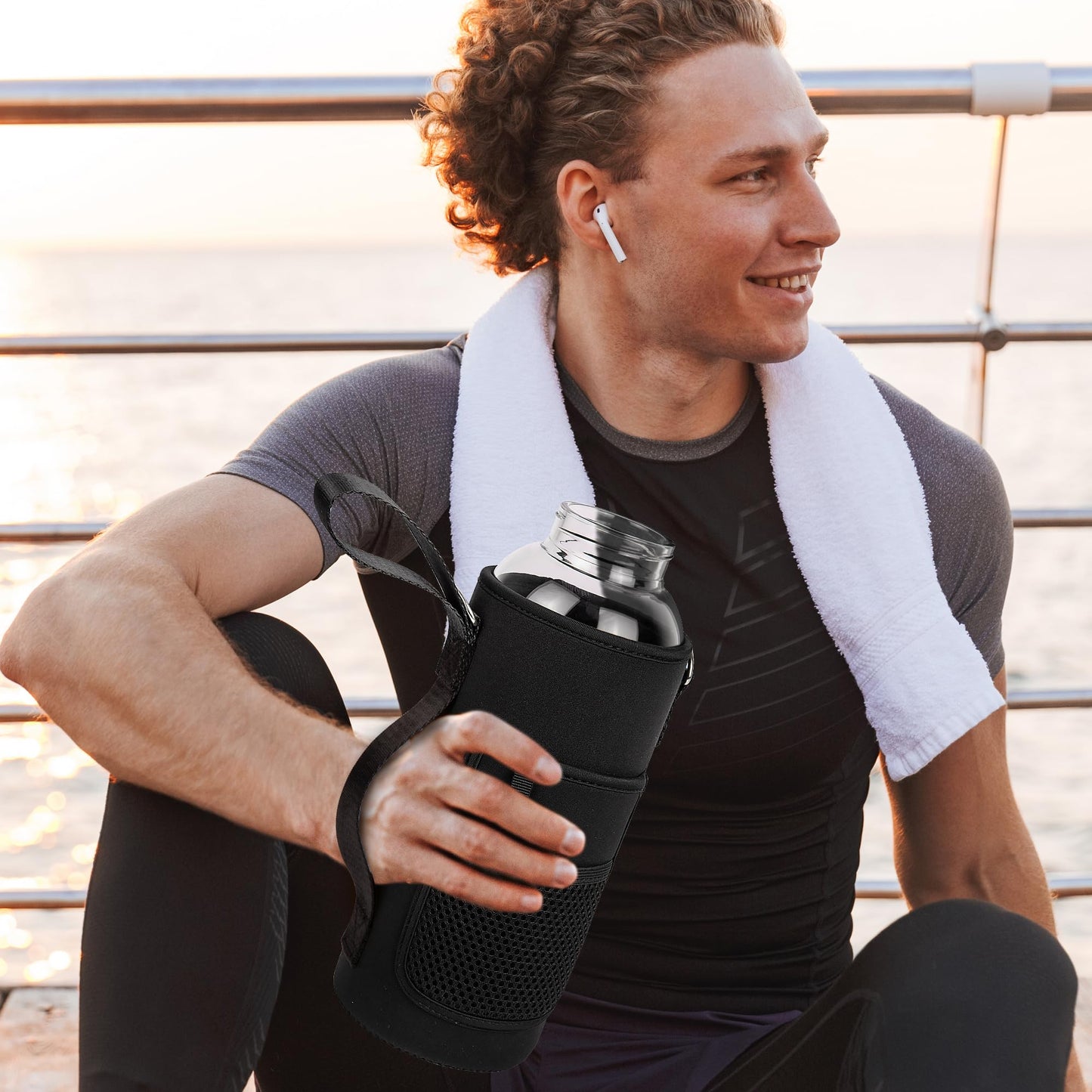 Ferexer 48 oz Sports Borosilicate Glass Water Bottle with Bamboo Lid with Neoprene Sleeve