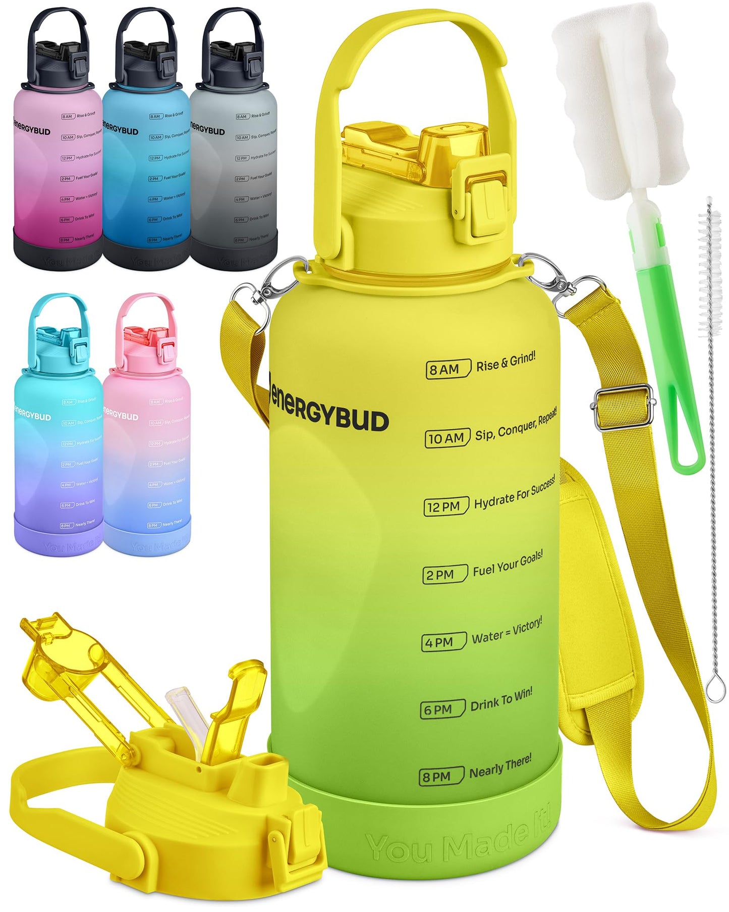 EnergyBud 1 Gallon Water Bottle Removable Straw And Handle Dishwasher-Safe BPS & BPA & DEHP Free +2 Brushes Big/Large Bottle With Time Markers Wide Mouth Leakproof 128 oz Jug (Yellow & Green)