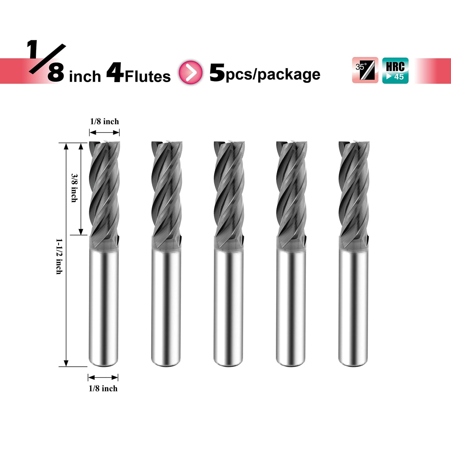 SPEED TIGER ISE Carbide End Mill 1/8” – 4 Flute, Square Nose, AlTiBN Coated, CNC Router Bit for Hardened Steel, Alloy Steel, Stainless Steel – Made in Taiwan, 5-Pack