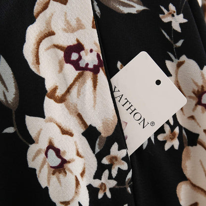 YATHON Women's Vintage Floral Flared A-Line Swing Casual Party Dresses with Pockets (YT018-Black Khaki 02-3/4, l)