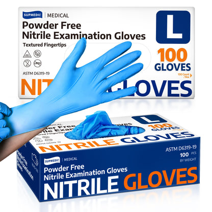 Supmedic Medical Nitrile Exam Gloves, Latex-Free, Powder-Free, Food Safe, Cooking Food Prep, Disposable Gloves, Blue, 100 Pcs (Large)