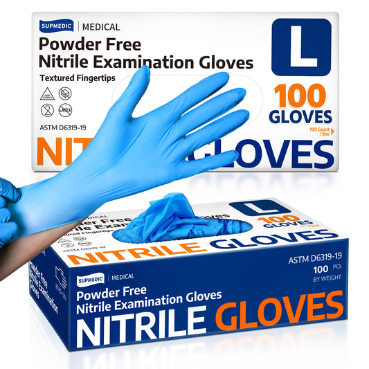 Supmedic Medical Nitrile Exam Gloves, Latex-Free, Powder-Free, Food Safe, Cooking Food Prep, Disposable Gloves, Blue, 100 Pcs (Large)