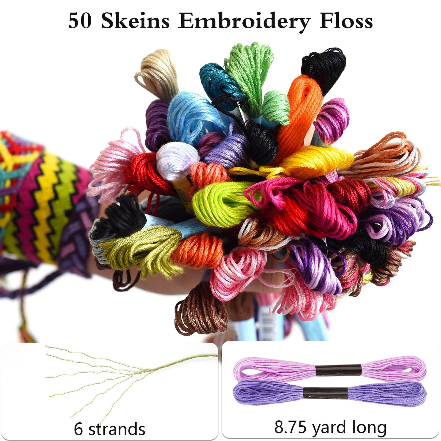 Caydo Embroidery Floss 50 Skeins Embroidery Thread, Rainbow Color Friendship Bracelet String with 12 Pieces Floss Bobbins for Bracelet Making, Sewing Crafts