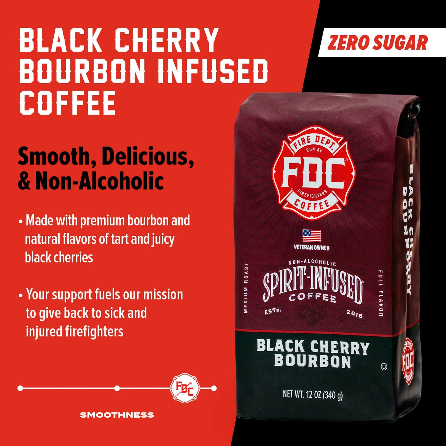Fire Department Coffee - Black Cherry Bourbon Coffee - Gives Back to Firefighters - Premium Bourbon Infused Ground - Non-Alcoholic - Roasted in the USA - Veteran Owned - 12 oz