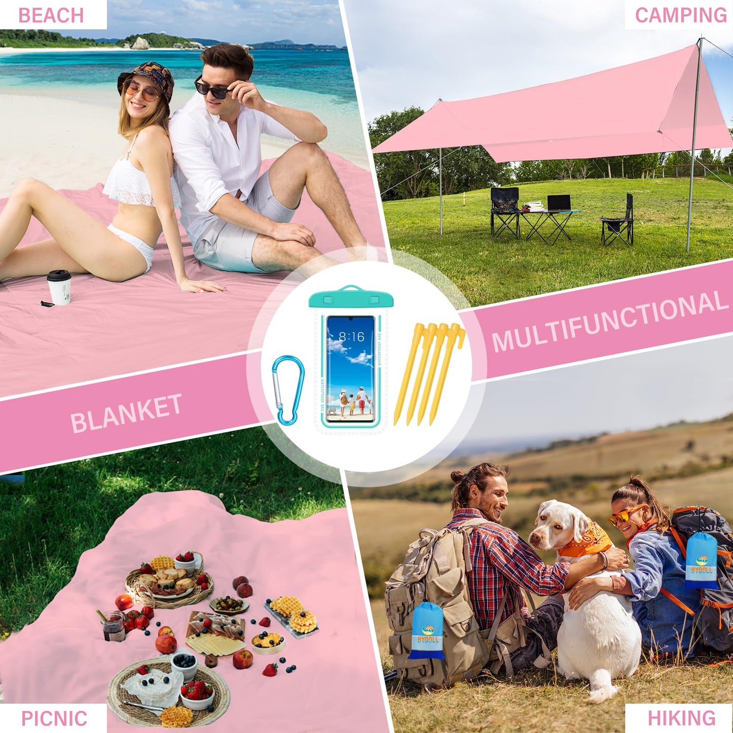 BYDOLL Beach Blanket Waterproof Sandproof 78''×81'' Suits1-4 Adults Compact Lightweight Oversized Sand-Free Blanket Large Picnic Mat for Beach Travel Camping Hiking