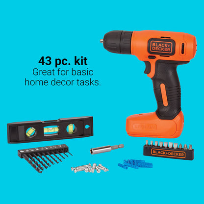 BLACK+DECKER 8V MAX* Cordless Drill + 43 pc. Home Decor Project Kit (BDCD8HDPK)