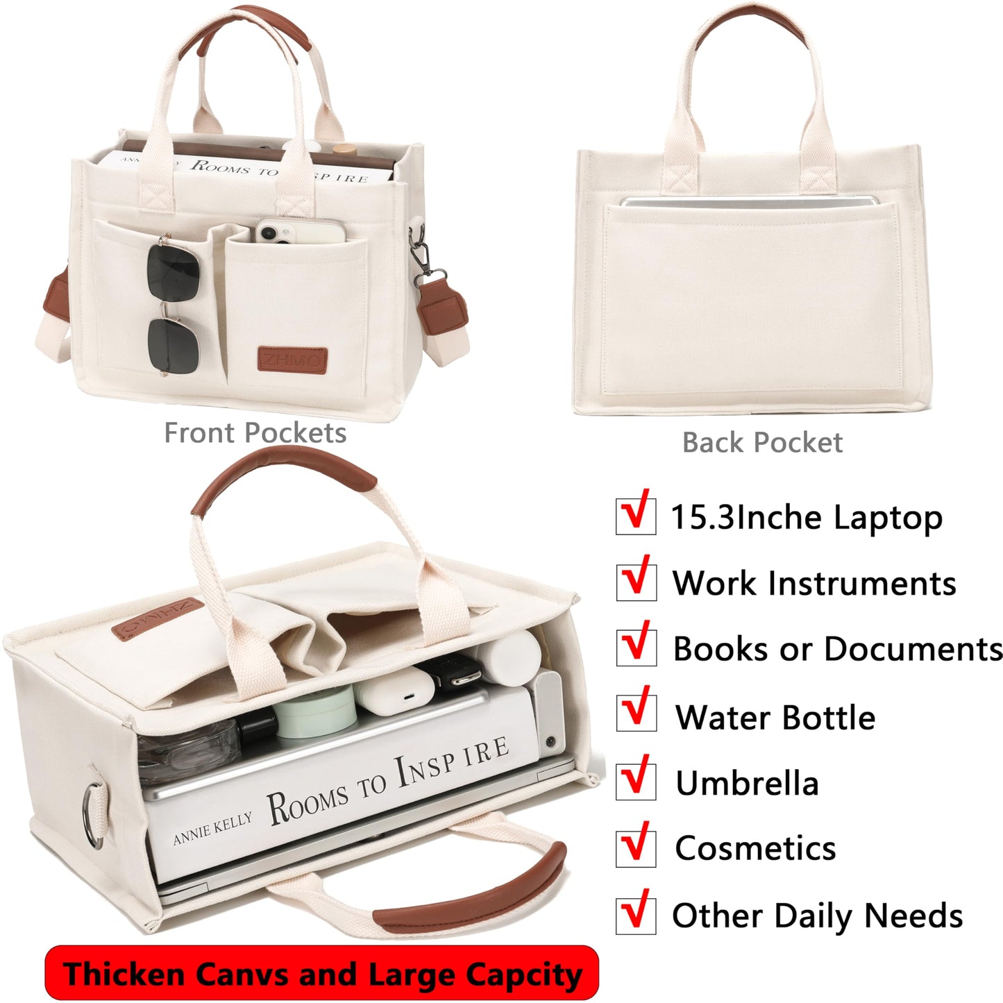 ZHMO Canvas Tote Bag with Compartments, Top Handle and Pockets for Women, Purse Crossbody Laptop Satchels Shoulder Handbags for Work, Book, Travel, Nurse, Church, Gym, Beach, Office, Beige, Large