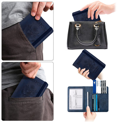 WALNEW Passport Holder Wallet, RFID Blocking Passport Cover Case PU leather Card Holder with Pen and Clear Card Slot for Women Men, Navy Blue