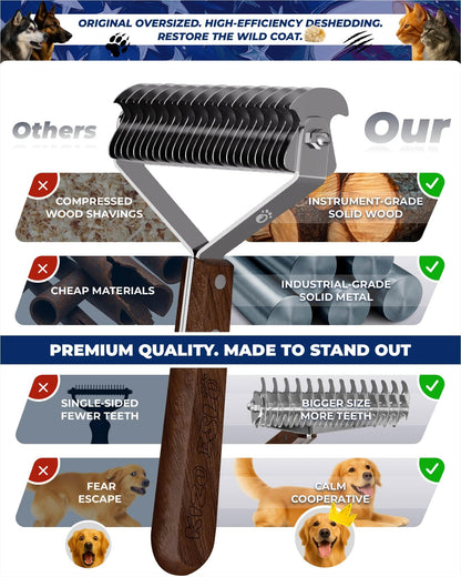 Extra Large 2-Sided Undercoat Rake for Dogs & Cats, Dog Brush for Shedding Remove Mats, Dematting Comb, Safe & Gentle Grooming Brush for German Shepherds Medium to Long-Haired Pets (Walnut Handle)
