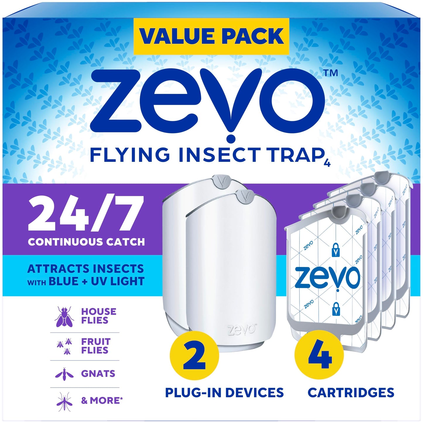 Zevo 2 Flying Insect Traps & 4 Refill Cartridges - Plug in Fly Trap & Indoor Bug Catcher for Gnats, House & Fruit Flies - Blue & UV Light Technology, Mess-Free Alternative to Bug Zapper