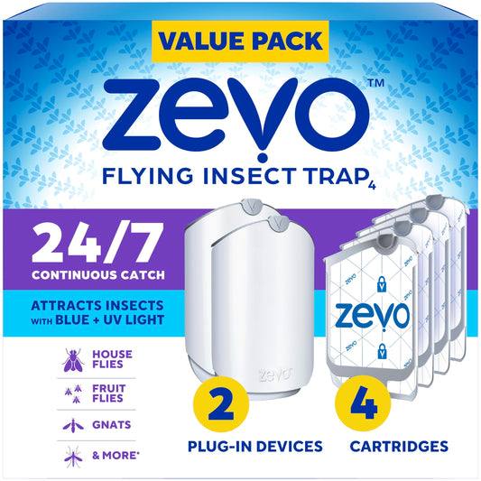 Zevo 2 Flying Insect Traps & 4 Refill Cartridges - Plug in Fly Trap & Indoor Bug Catcher for Gnats, House & Fruit Flies - Blue & UV Light Technology, Mess-Free Alternative to Bug Zapper