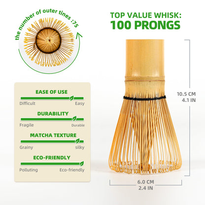 TEANAGOO Matcha Whisk Set, Bamboo Matcha Whisk (Chasen), 4 Pcs Traditional Starter Matcha Set, Scoop (Chashaku) Tea Spoon Whisk Holder, Matcha Accessory, Bamboo Whisk For Matcha Tea (100prongs)