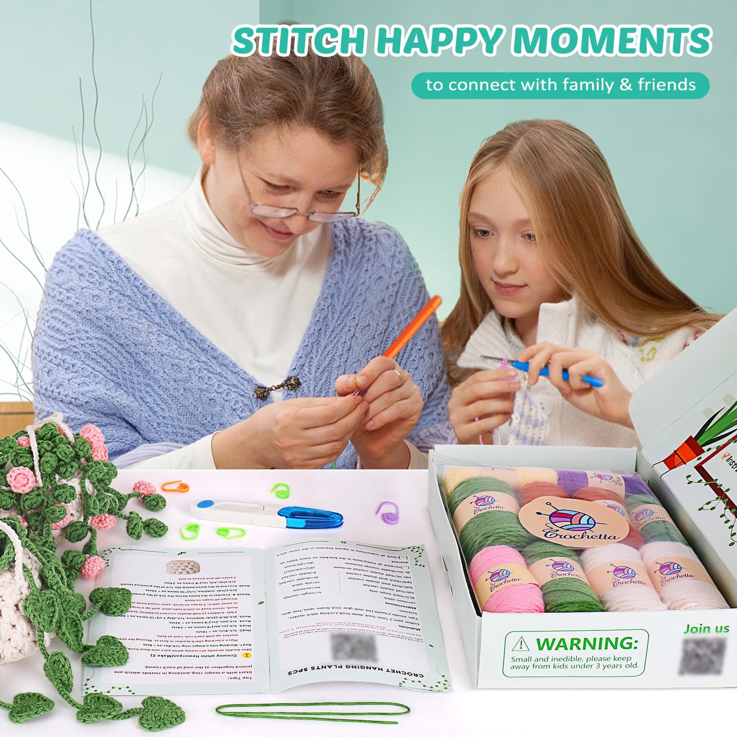 Crochetta Beginner Crochet Kit with Step-by-Step Video Tutorials, Learn to Crochet for Adults & Kids, Knitting Craft Supplies, Hanging Plants Home Decor (40%+ Yarn)