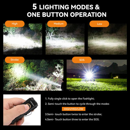 UNROEVS Mini LED Flashlight Rechargeable USB C Charging, Small Flashlights Powerful Max 2550 Lumens with 5 Light Modes, Pocket Light with Clip, Magnetic Flash Lightfor EDC,Camping, Hiking,Emergency
