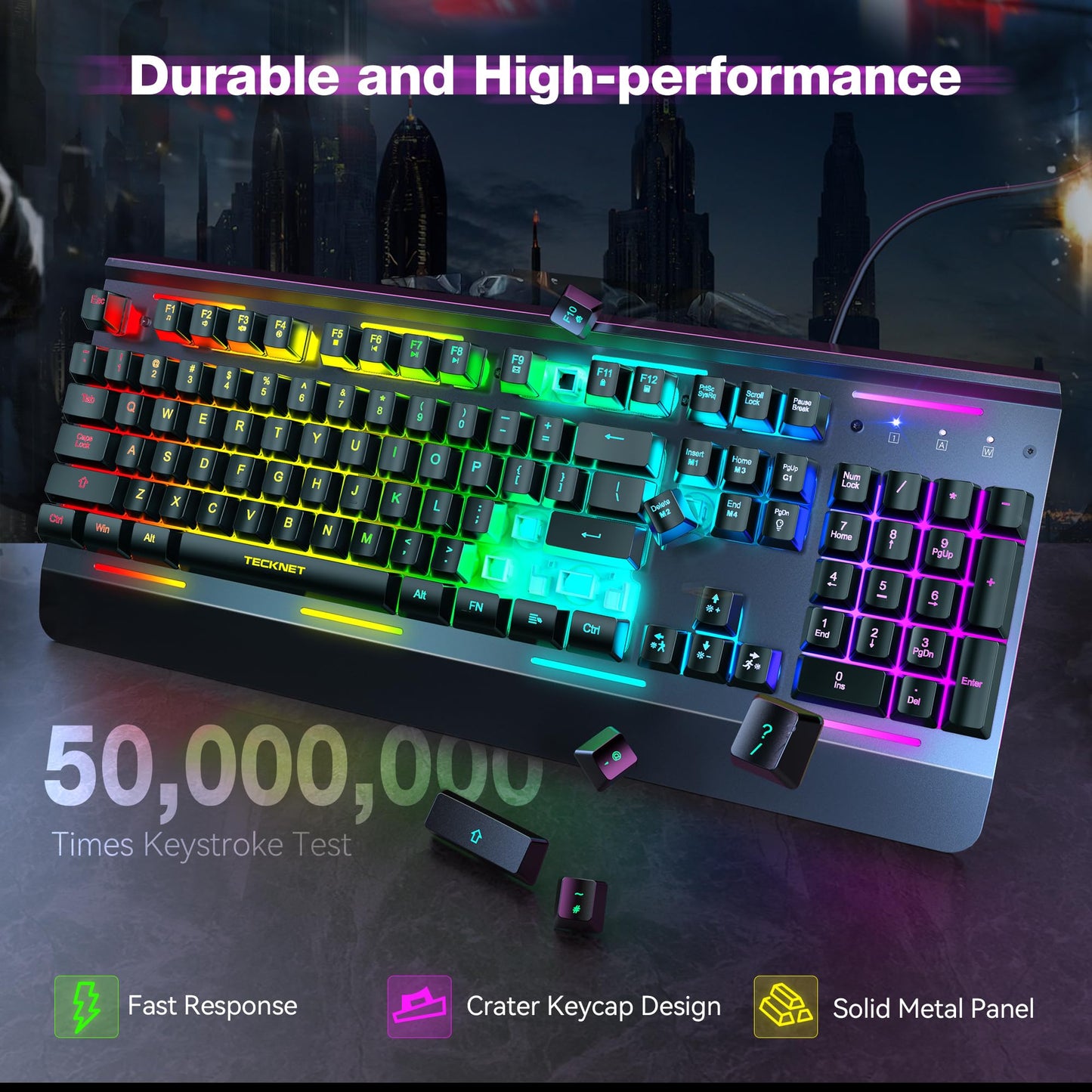TECKNET Gaming Keyboard, USB Wired Computer Keyboard, 15-Zone RGB Illumination, IP32 Water Resistance, 25 Anti-ghosting Keys, All-Metal Panel (Whisper Quiet Gaming Switch)