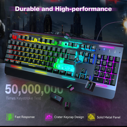 TECKNET Gaming Keyboard, USB Wired Computer Keyboard, 15-Zone RGB Illumination, IP32 Water Resistance, 25 Anti-ghosting Keys, All-Metal Panel (Whisper Quiet Gaming Switch)