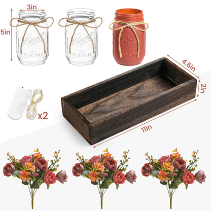 DUOER 3 Pcs Mason Jar Centerpiece Table Decorations for Dining Table Decor Farmhouse Coffee Table Decor with Wood Tray and Led Light Table Centerpieces for Dining room Kitchen Living Bathroom,Orange