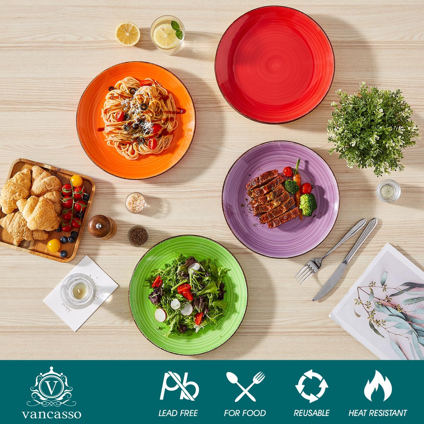 vancasso Bonita Dinner Plates, 10.5 Inch Ceramic Plates, Microwave, Oven and Dishwasher Safe Plates Set of 6 - Assorted Colors