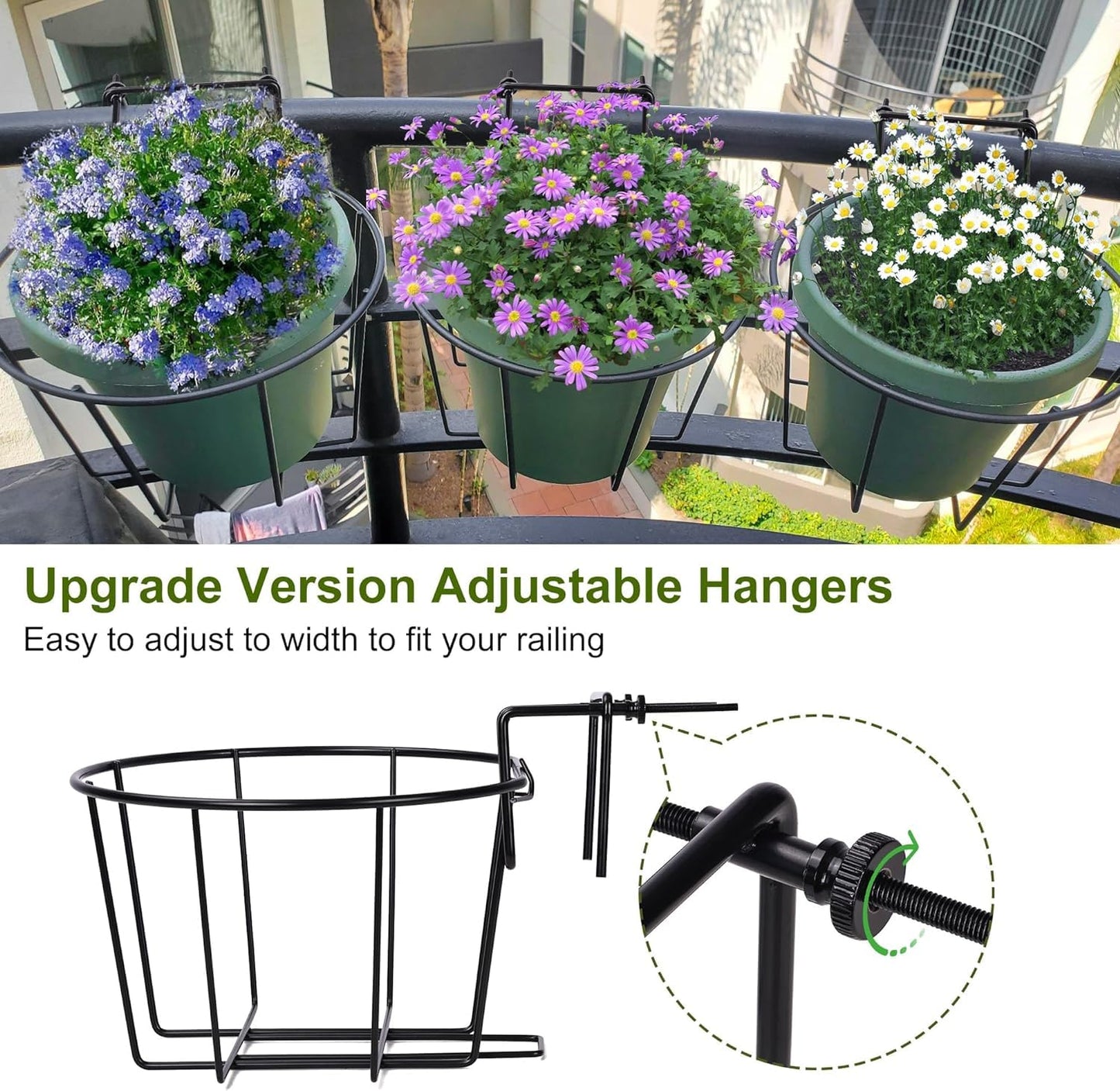 TQVAI 10 Inch Railing Planter - Fit for 1.5 to 3.5 Inches Railing - Adjustable Hanging Planters Outdoor Balcony Deck Flower Pot Holder Metal Baskets for Garden Orchid, Patio Ledge, 3 Pack, Black