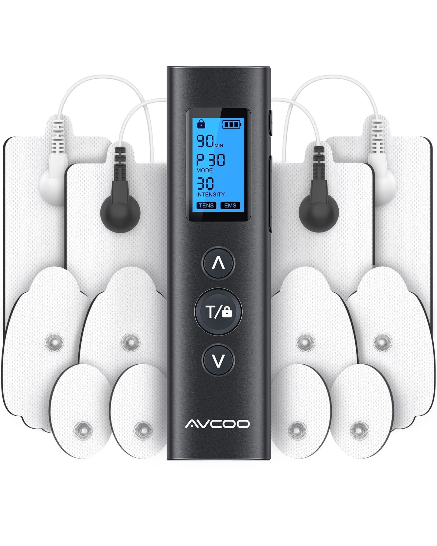 AVCOO 30 Modes TENS EMS Unit Compact Muscle Stimulator for Pain Relief of Back, Shoulder, Neck, Rechargeable & Portable Dual Channel EMS Muscle Stimulator with 30 Intensity Levels, 12 Electrode Pads