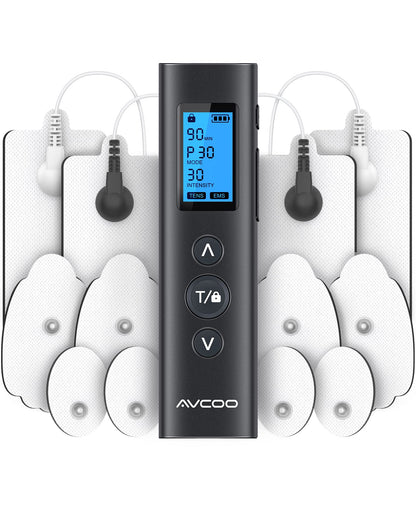 AVCOO 30 Modes TENS EMS Unit Compact Muscle Stimulator for Pain Relief of Back, Shoulder, Neck, Rechargeable & Portable Dual Channel EMS Muscle Stimulator with 30 Intensity Levels, 12 Electrode Pads