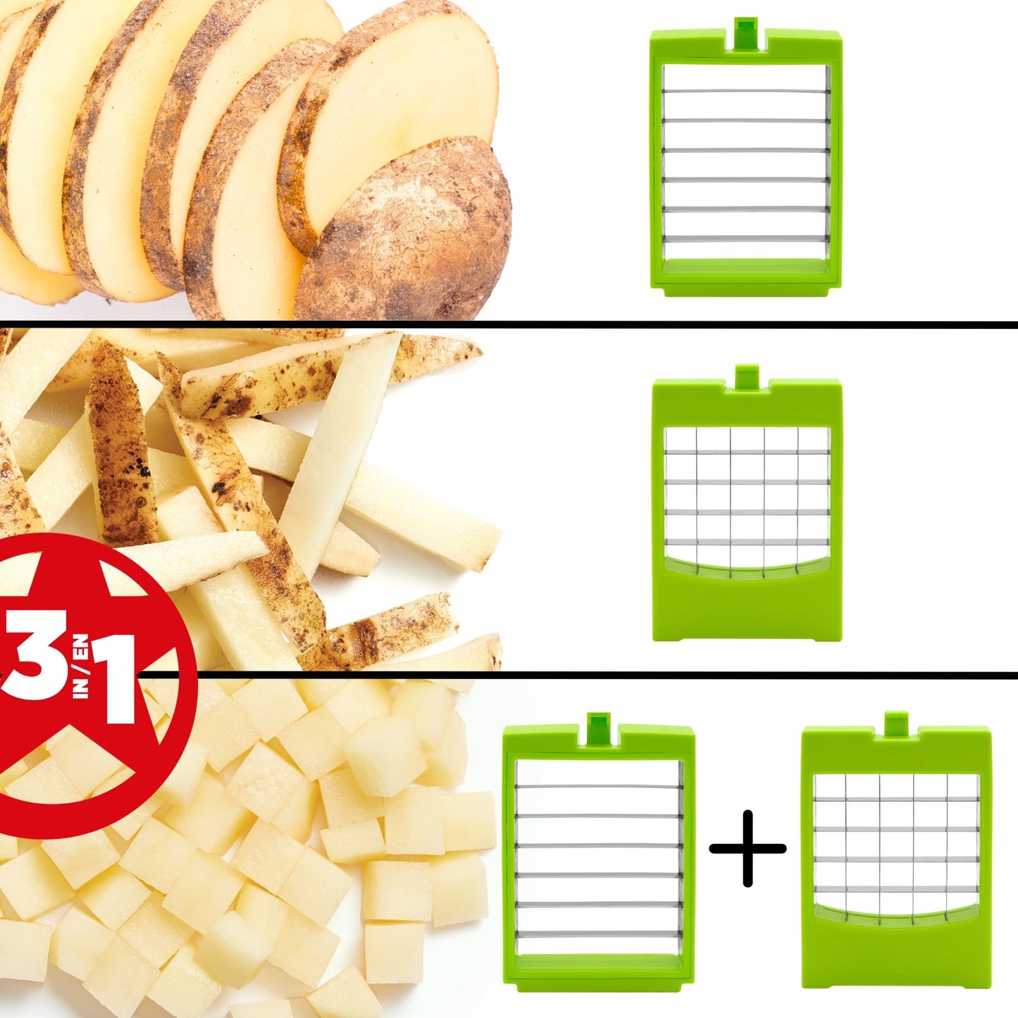 Starfrit Pro Fry Cutter & Cuber - 3-in-1 - Homemade French Fries, Slices and Diced Cubes Potato & Vegetable