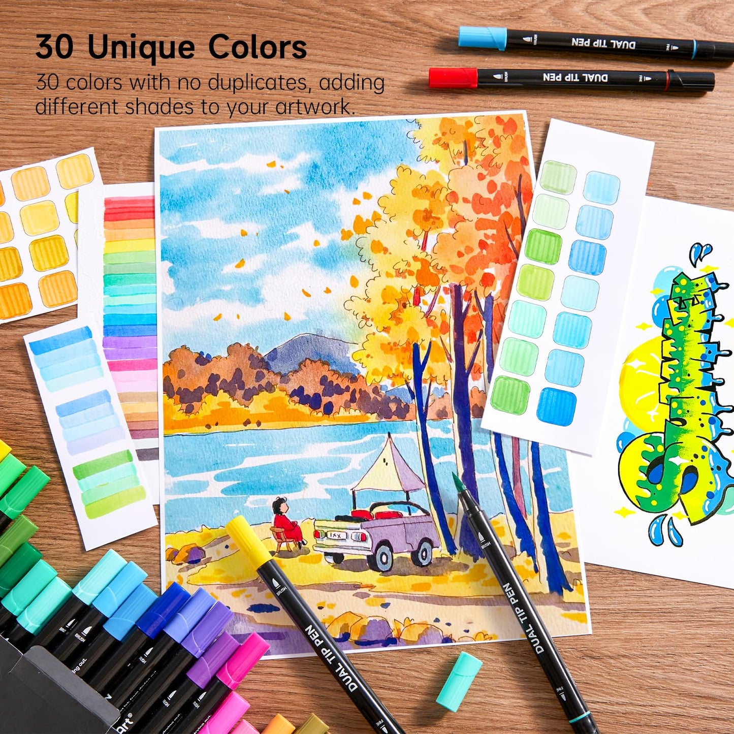 Shuttle Art Dual Tip Brush Marker Pens, 30 Colors Dual Tip Calligraphy Pens Fine and Brush Tip Markers Set, Water-based Ink Perfect for Kids Adult Artist Calligraphy Journal Doodling Writing