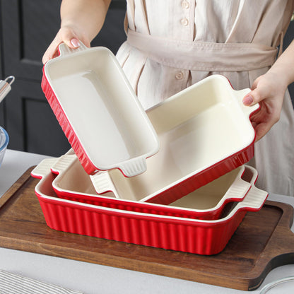 Bakeware Set of 4, MALACASA Porcelain Baking Pans Set for Oven, Casserole Dish, Ceramic Rectangular Baking Dish Lasagna Pans for Cooking Cake Pie Dinner Kitchen, Red (9.5"/11.25"/12.75"/14.5")