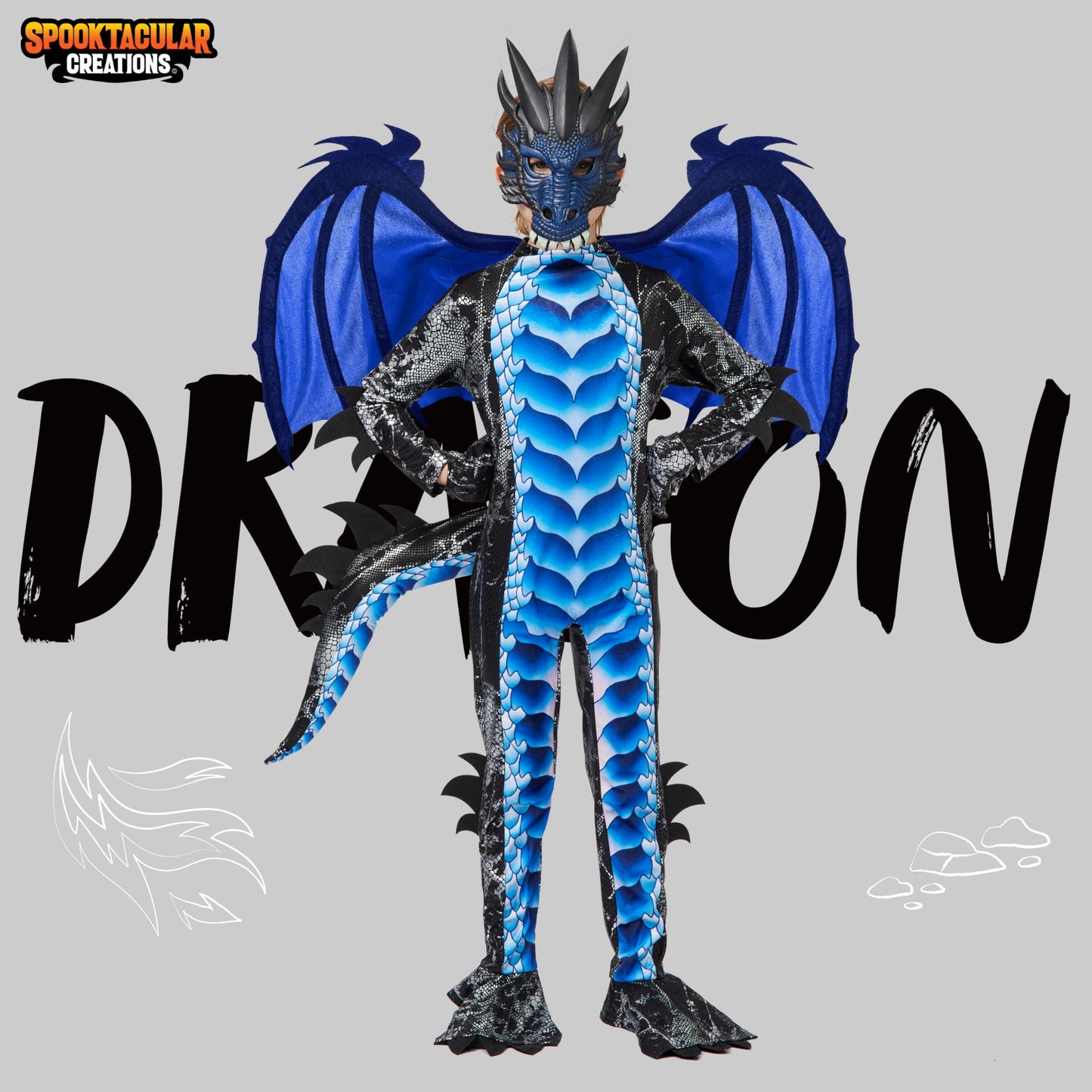 Spooktacular Creations Halloween Kids Boys Black and Blue Dragon costume, Dragon Wings and Mask for Halloween Parties, Cosplay-S(5-7yr)